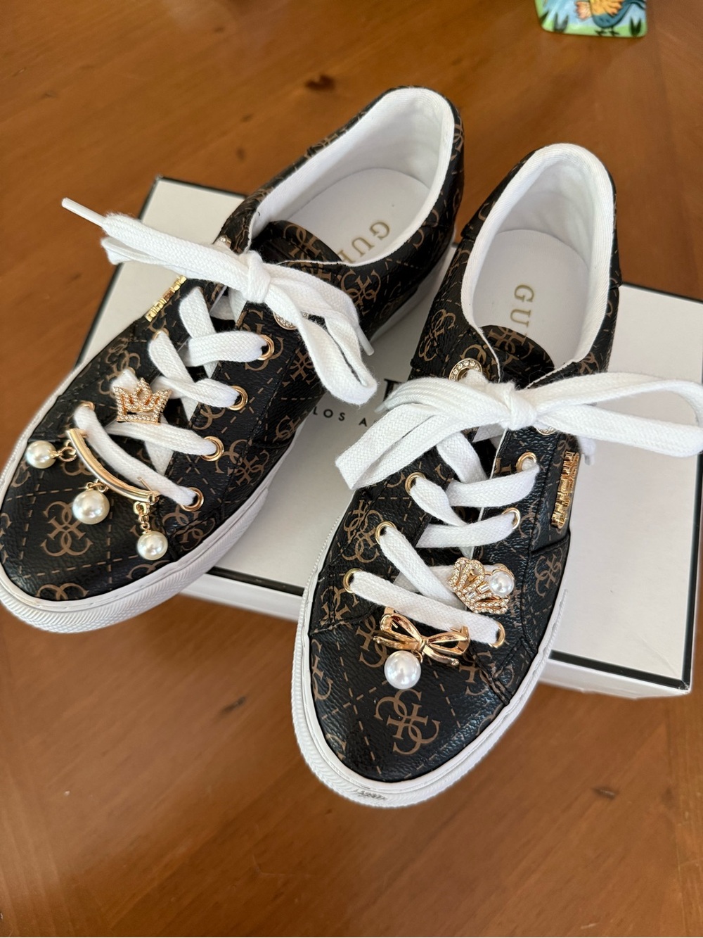 GUESS Dark Brown Logo Lace-Up Sneakers with Gold & Pearl Charms